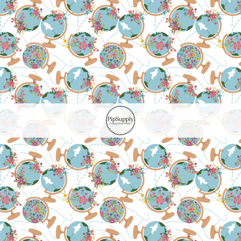 These travel themed no sew bow strips can be easily tied and attached to a clip for a finished hair bow. These bow strips are great for personal use or to sell. These bow strips feature the following design elements: floral world globes pattern.