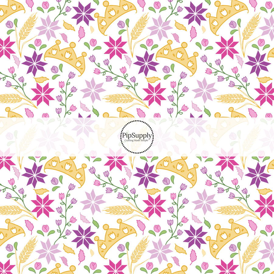 These magical princess themed fabric by the yard features tiaras and flowers. This fun pattern fabric can be used for all your sewing and crafting needs!