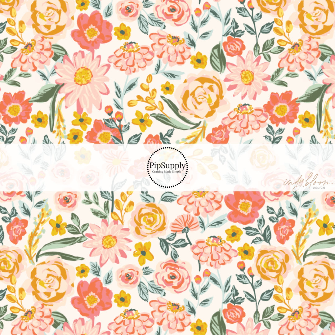These spring floral pattern themed no sew bow strips can be easily tied and attached to a clip for a finished hair bow. These patterned bow strips are great for personal use or to sell. These bow strips features pink, peach, and orange flowers on cream.