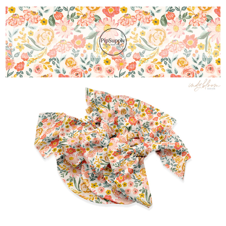 These spring floral pattern themed no sew bow strips can be easily tied and attached to a clip for a finished hair bow. These patterned bow strips are great for personal use or to sell. These bow strips features pink, peach, and orange flowers on cream.