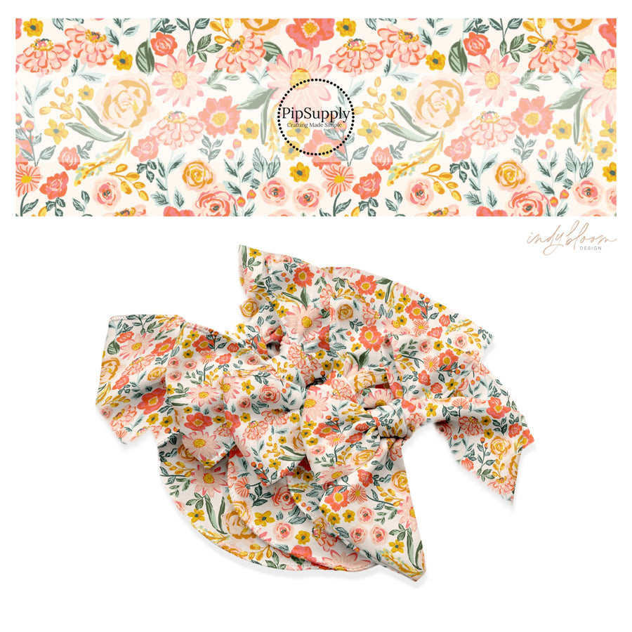These spring floral pattern themed no sew bow strips can be easily tied and attached to a clip for a finished hair bow. These patterned bow strips are great for personal use or to sell. These bow strips features pink, peach, and orange flowers on cream.