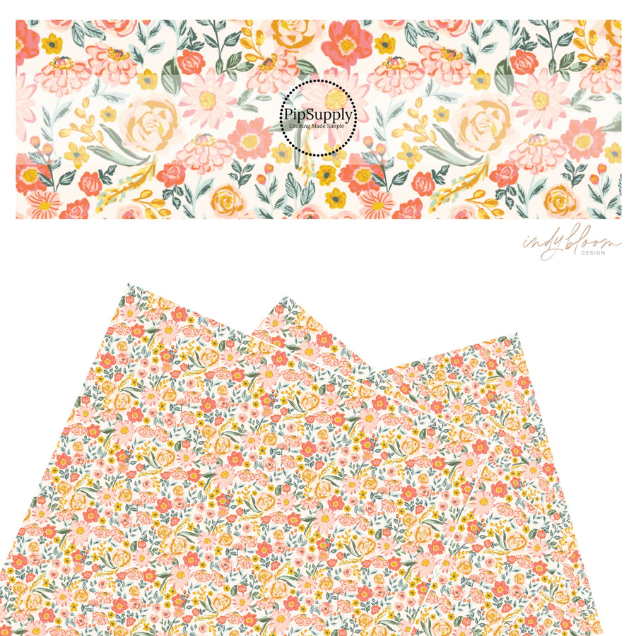 These spring pattern themed faux leather sheets contain the following design elements: pink, peach, and orange flowers on cream. Our CPSIA compliant faux leather sheets or rolls can be used for all types of crafting projects.