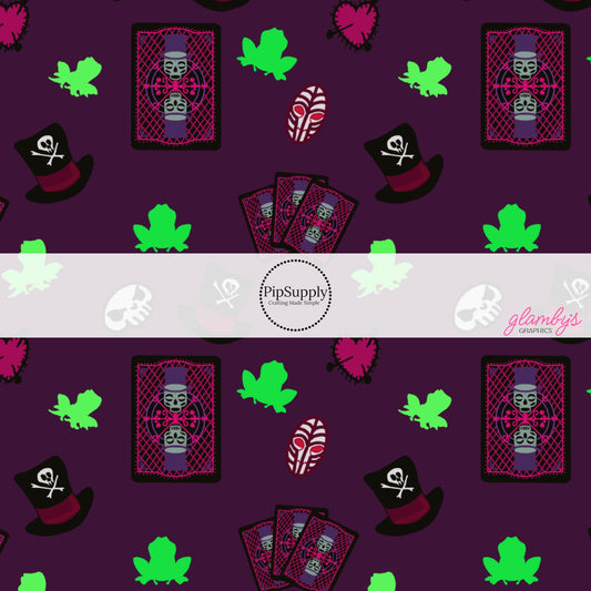 This magical adventure inspired fabric by the yard features the following design: frogs, cards, top hats, and skulls on purple. This fun themed fabric can be used for all your sewing and crafting needs!