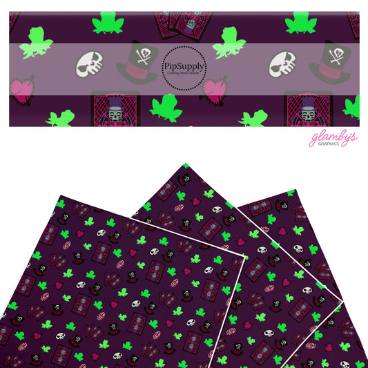 This magical adventure inspired faux leather sheets contain the following design: frogs, cards, top hats, and skulls on purple. Our CPSIA compliant faux leather sheets or rolls can be used for all types of crafting projects.