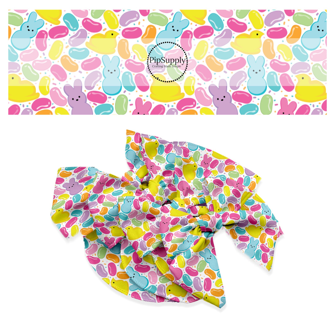 These spring pattern themed no sew bow strips can be easily tied and attached to a clip for a finished hair bow. These patterned bow strips are great for personal use or to sell. These bow strips features Easter candy and treats.