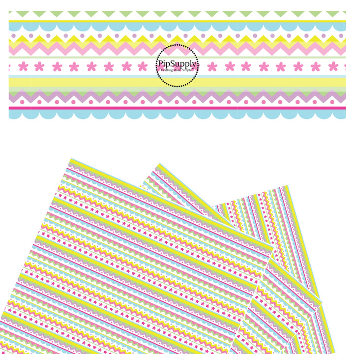 These spring pattern themed faux leather sheets contain the following design elements: bright colored stripes, dots, and flowers. Our CPSIA compliant faux leather sheets or rolls can be used for all types of crafting projects.