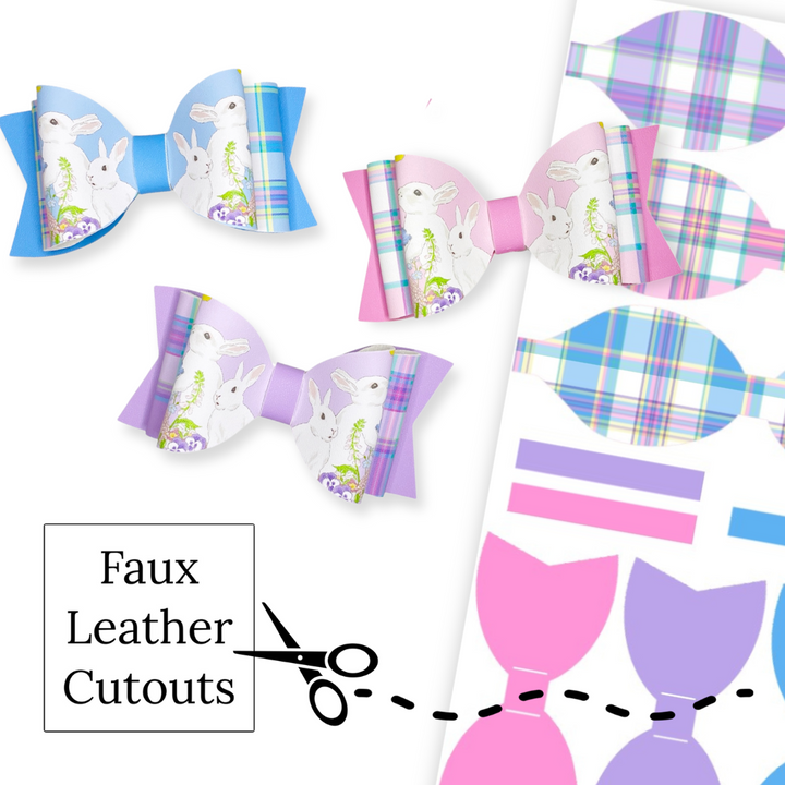 These Easter plaid themed layered faux leather bows with a bunny and flower pattern are ready to cut and assemble for many craft projects. These patterned cutouts can be used to make a hair bow, headband, banner, photo props, scrapbook, party or classroom decorations, bulletin board trim or anything creative!