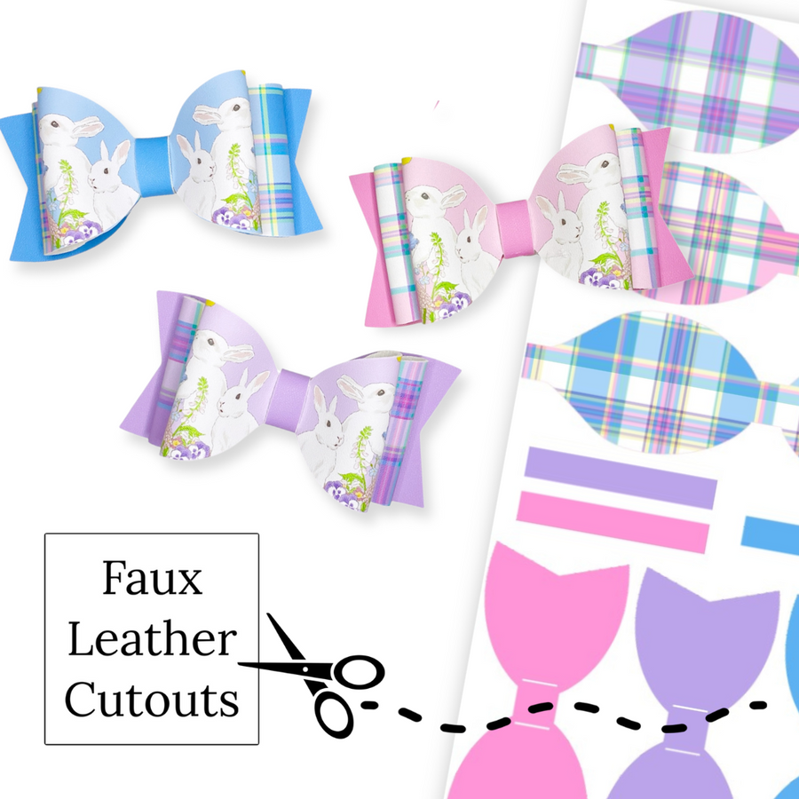 These Easter plaid themed layered faux leather bows with a bunny and flower pattern are ready to cut and assemble for many craft projects. These patterned cutouts can be used to make a hair bow, headband, banner, photo props, scrapbook, party or classroom decorations, bulletin board trim or anything creative!