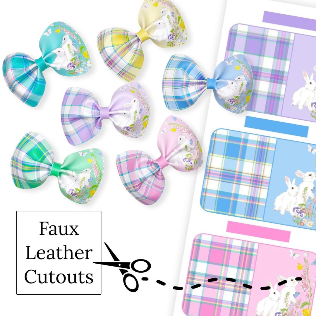 These Easter themed faux leather bows with Easter bunnies, plaid, and flowers are ready to cut and assemble for many craft projects. These patterned cutouts can be used to make a hair bow, headband, banner, photo props, scrapbook, party or classroom decorations, bulletin board trim or anything creative!