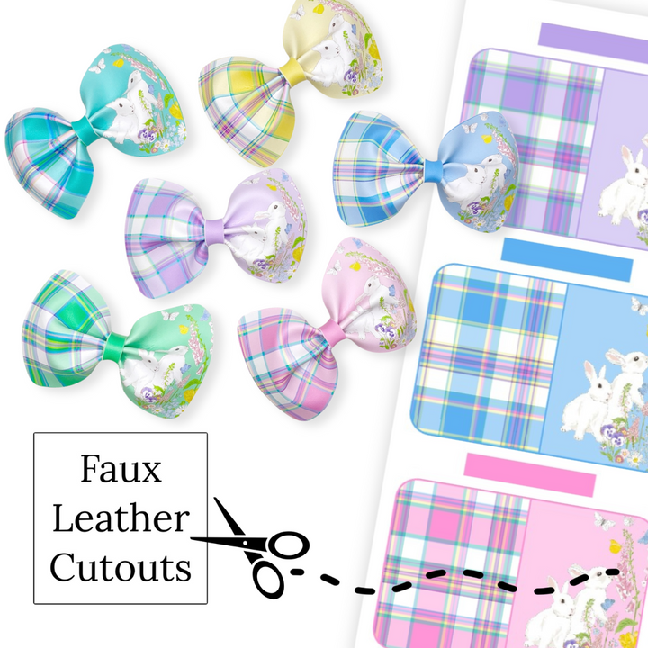 These Easter themed faux leather bows with Easter bunnies, plaid, and flowers are ready to cut and assemble for many craft projects. These patterned cutouts can be used to make a hair bow, headband, banner, photo props, scrapbook, party or classroom decorations, bulletin board trim or anything creative!