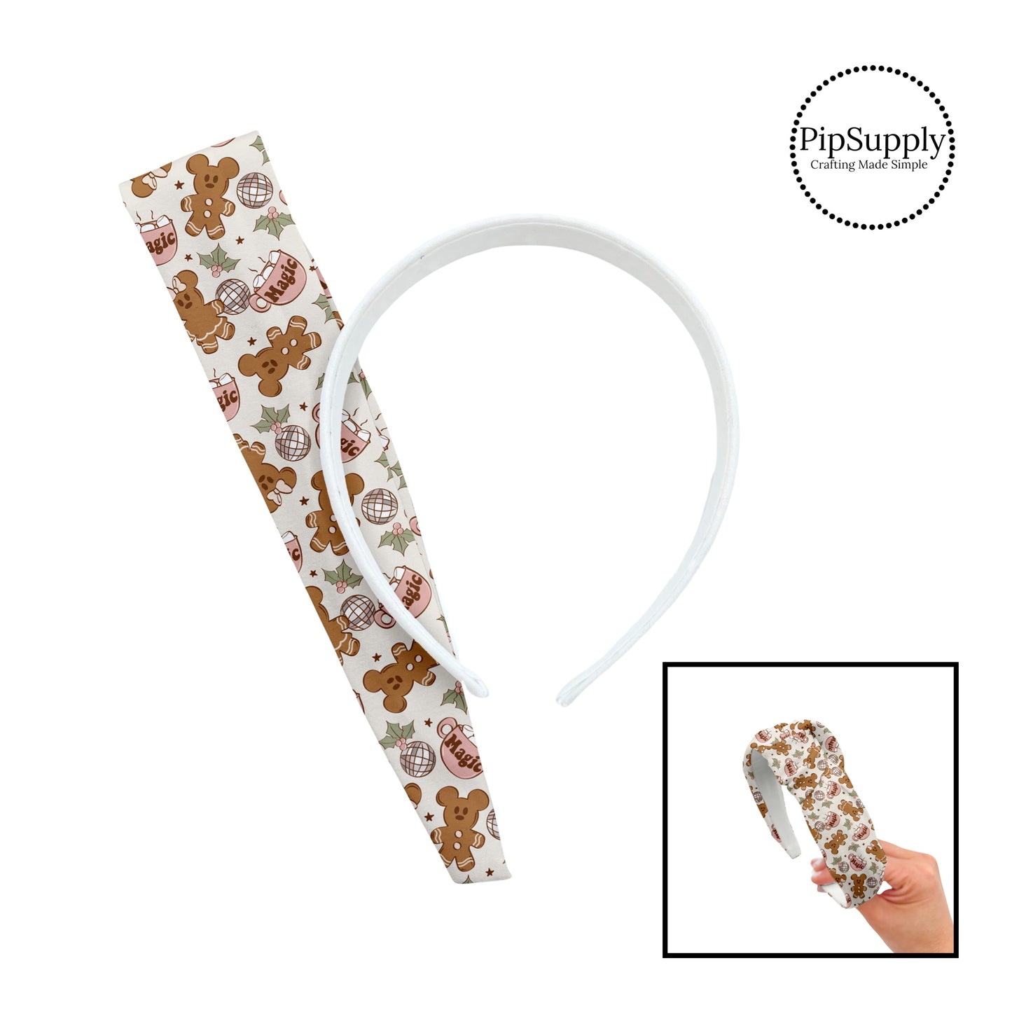 Mouse gingerbread man, holly, disco ball, hot cocoa on cream knotted headband kit