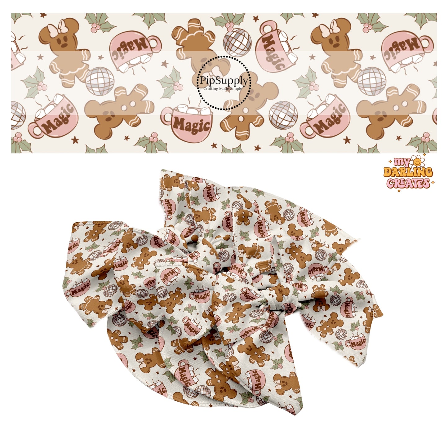 Disco ball, mouse gingerbread man, holly, and magic cup of hot cocoa on cream hair bow strips