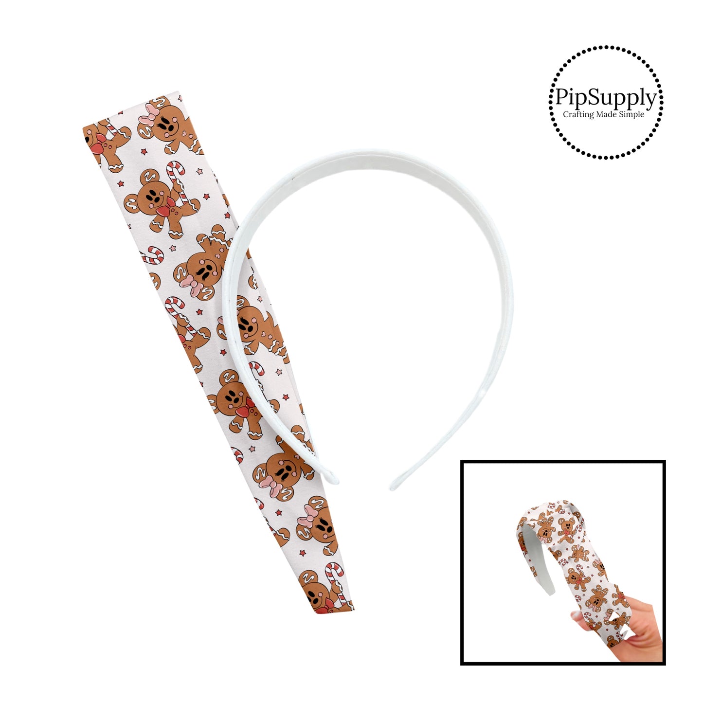 Mouse ear gingerbread with candy canes and stars on pink knotted headband kit