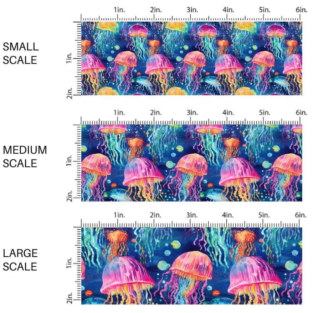 These tropical ocean themed fabric by the yard features glowing jelly fish. This fun pattern fabric can be used for all your sewing and crafting needs!