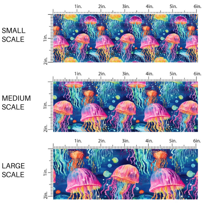 These tropical ocean themed fabric by the yard features glowing jelly fish. This fun pattern fabric can be used for all your sewing and crafting needs!