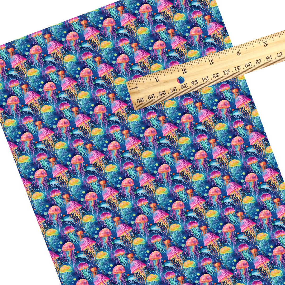 These tropical ocean themed faux leather sheets contain the following design elements: glowing jelly fish. Our CPSIA compliant faux leather sheets or rolls can be used for all types of crafting projects.