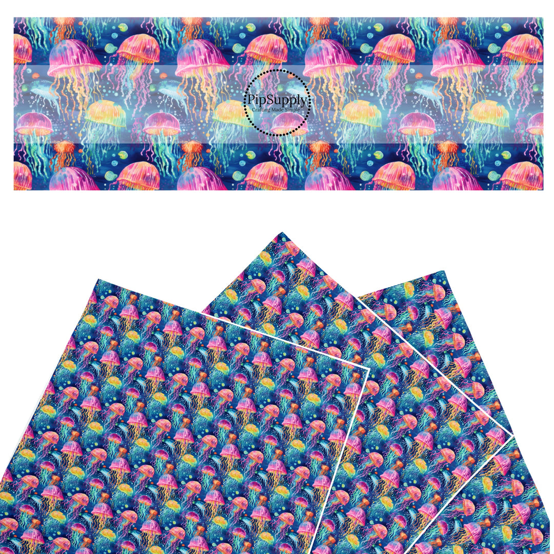 These tropical ocean themed faux leather sheets contain the following design elements: glowing jelly fish. Our CPSIA compliant faux leather sheets or rolls can be used for all types of crafting projects.