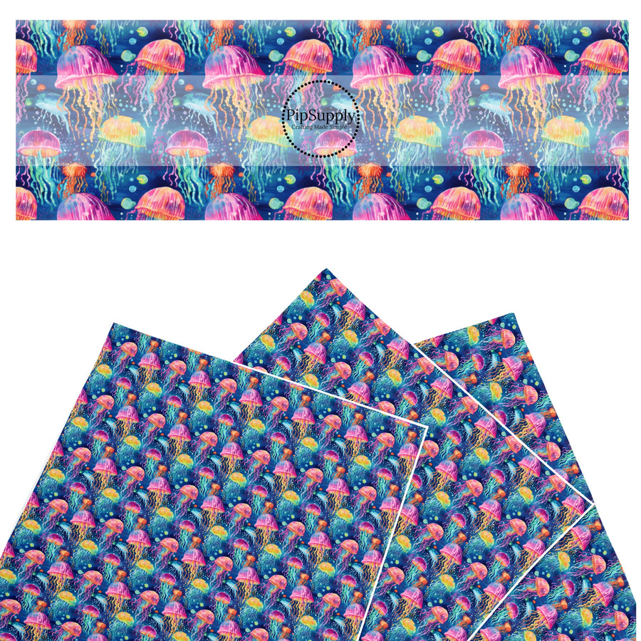 These tropical ocean themed faux leather sheets contain the following design elements: glowing jelly fish. Our CPSIA compliant faux leather sheets or rolls can be used for all types of crafting projects.