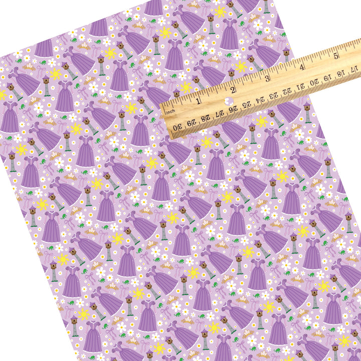 These magical princess themed faux leather sheets contain the following design elements: princess dresses, bows, and tiaras on a purple pattern. Our CPSIA compliant faux leather sheets or rolls can be used for all types of crafting projects.