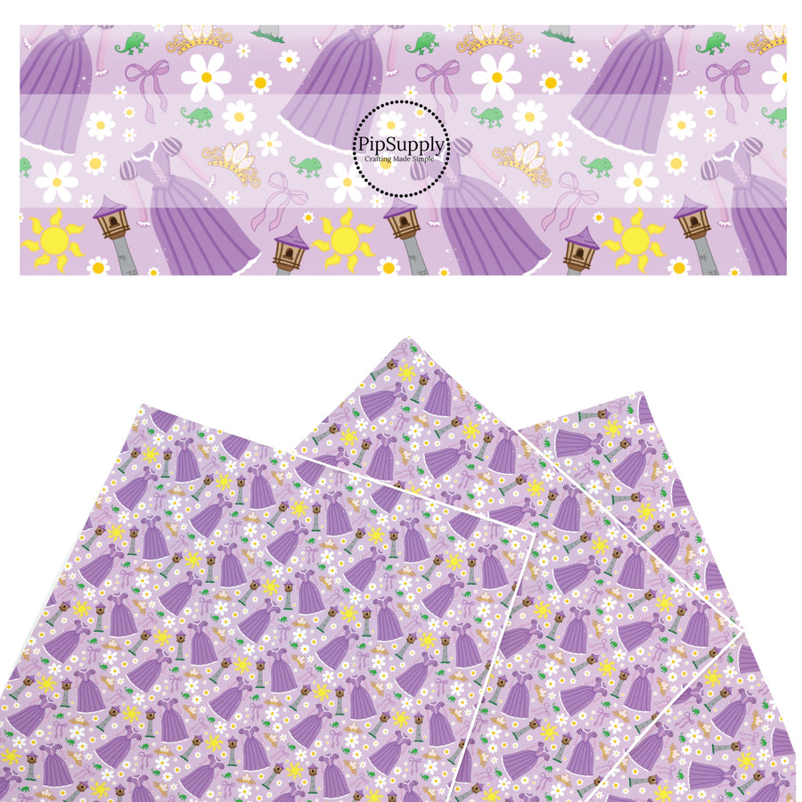 These magical princess themed faux leather sheets contain the following design elements: princess dresses, bows, and tiaras on a purple pattern. Our CPSIA compliant faux leather sheets or rolls can be used for all types of crafting projects.