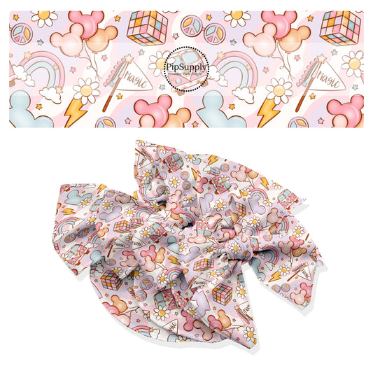 These magical adventure inspired themed no sew bow strips can be easily tied and attached to a clip for a finished hair bow. These fun themed patterned bow strips are great for personal use or to sell. These bow strips feature the following daisies, rainbows, vans, peace signs, and mouse ears on light pink, light purple, and cream.
