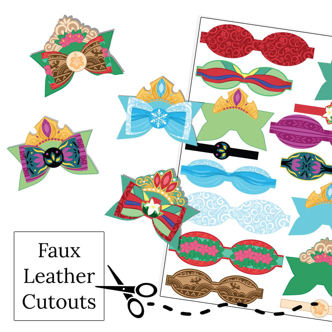 These princess crown themed layered faux leather bows are ready to cut and assemble for many craft projects. These patterned cutouts can be used to make a hair bow, headband, banner, photo props, scrapbook, party or classroom decorations, bulletin board trim or anything creative!
