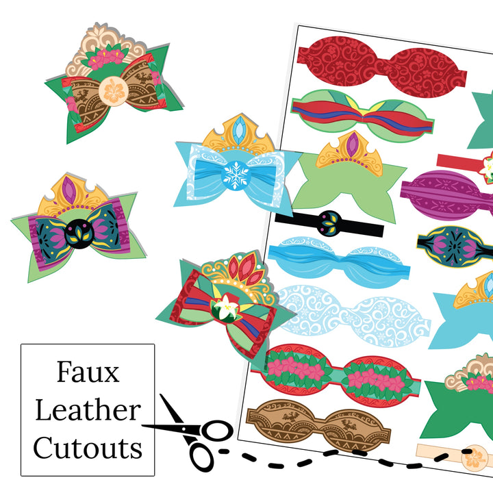 These princess crown themed layered faux leather bows are ready to cut and assemble for many craft projects. These patterned cutouts can be used to make a hair bow, headband, banner, photo props, scrapbook, party or classroom decorations, bulletin board trim or anything creative!