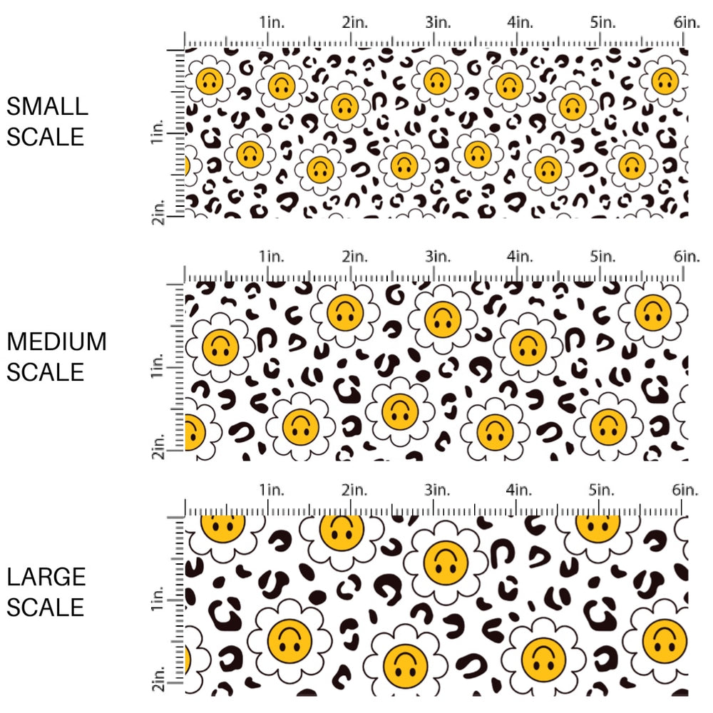 These smiley themed fabric by the yard features daisy leopard pattern. This fun pattern fabric can be used for all your sewing and crafting needs.