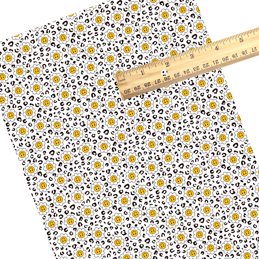 These smiley themed faux leather sheets contain the following design elements: daisy leopard pattern. Our CPSIA compliant faux leather sheets or rolls can be used for all types of crafting projects.