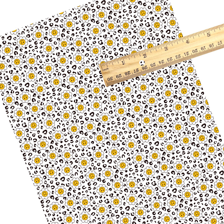 These smiley themed faux leather sheets contain the following design elements: daisy leopard pattern. Our CPSIA compliant faux leather sheets or rolls can be used for all types of crafting projects.