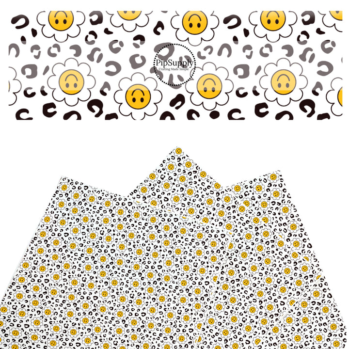 These smiley themed faux leather sheets contain the following design elements: daisy leopard pattern. Our CPSIA compliant faux leather sheets or rolls can be used for all types of crafting projects.