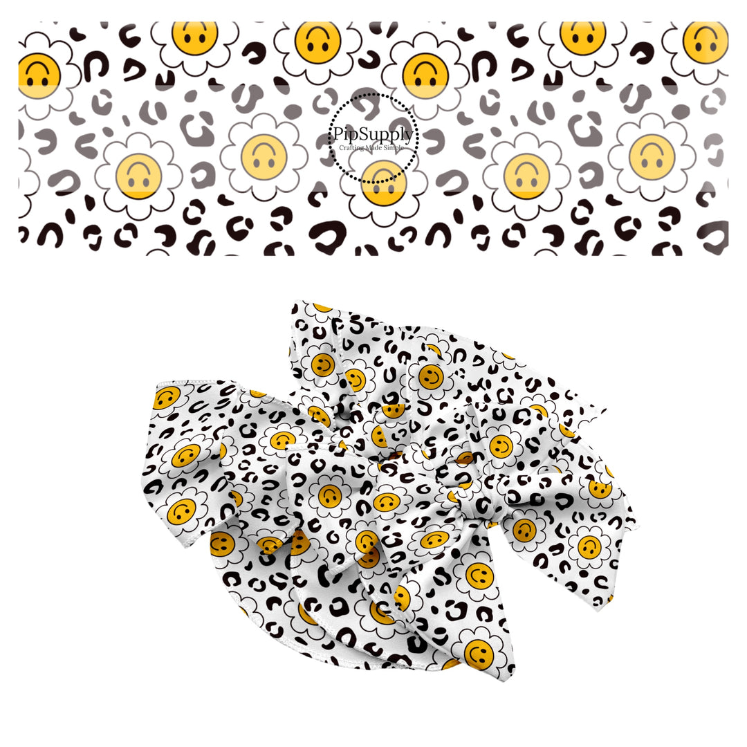 These smiley themed no sew bow strips can be easily tied and attached to a clip for a finished hair bow. These bow strips are great for personal use or to sell. These bow strips feature the following design elements: grey daisy leopard pattern.