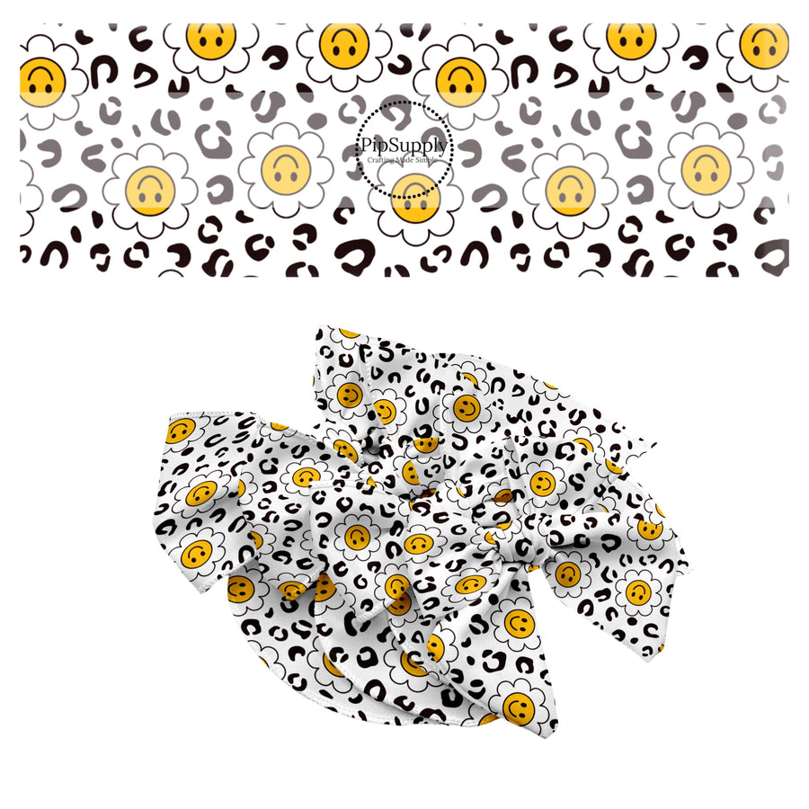 These smiley themed no sew bow strips can be easily tied and attached to a clip for a finished hair bow. These bow strips are great for personal use or to sell. These bow strips feature the following design elements: grey daisy leopard pattern.