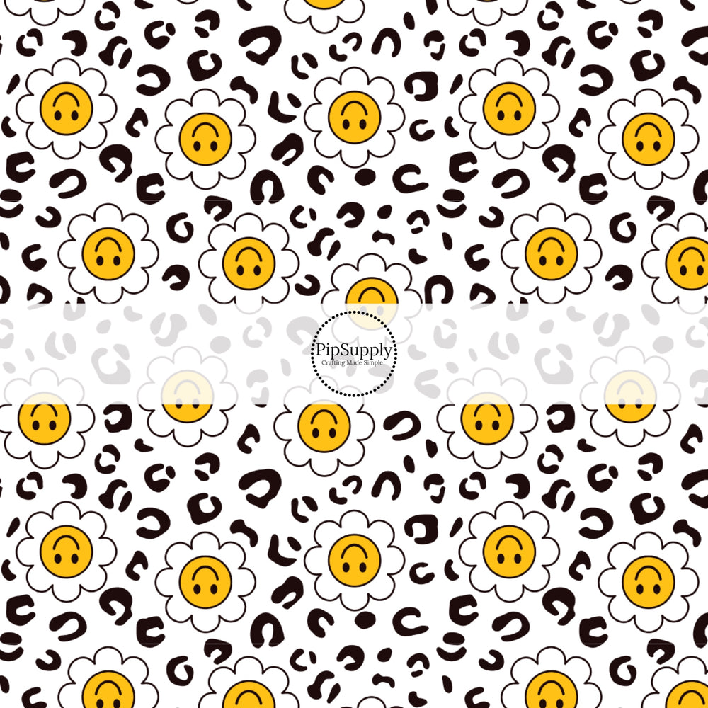 These smiley themed no sew bow strips can be easily tied and attached to a clip for a finished hair bow. These bow strips are great for personal use or to sell. These bow strips feature the following design elements: grey daisy leopard pattern.