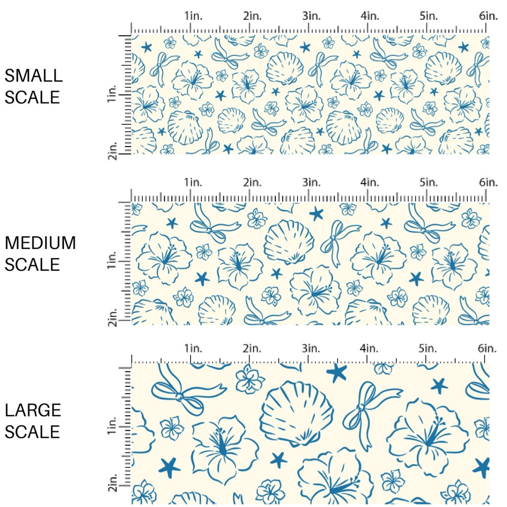 These tropical themed fabric by the yard features tropical flowers and shells. This fun pattern fabric can be used for all your sewing and crafting needs!