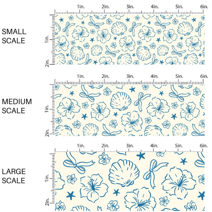These tropical themed fabric by the yard features tropical flowers and shells. This fun pattern fabric can be used for all your sewing and crafting needs!