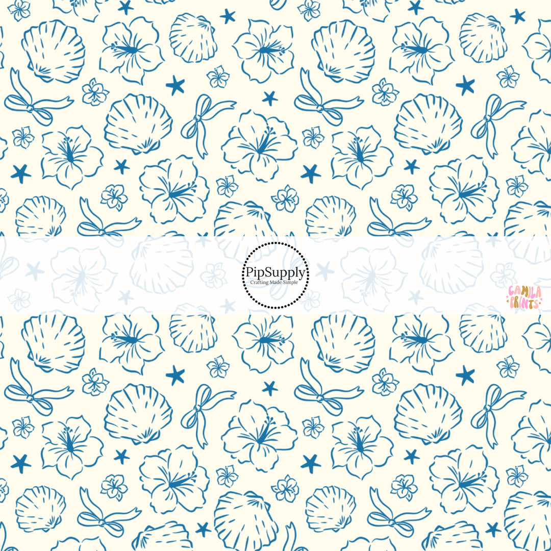 These tropical themed fabric by the yard features tropical flowers and shells. This fun pattern fabric can be used for all your sewing and crafting needs!