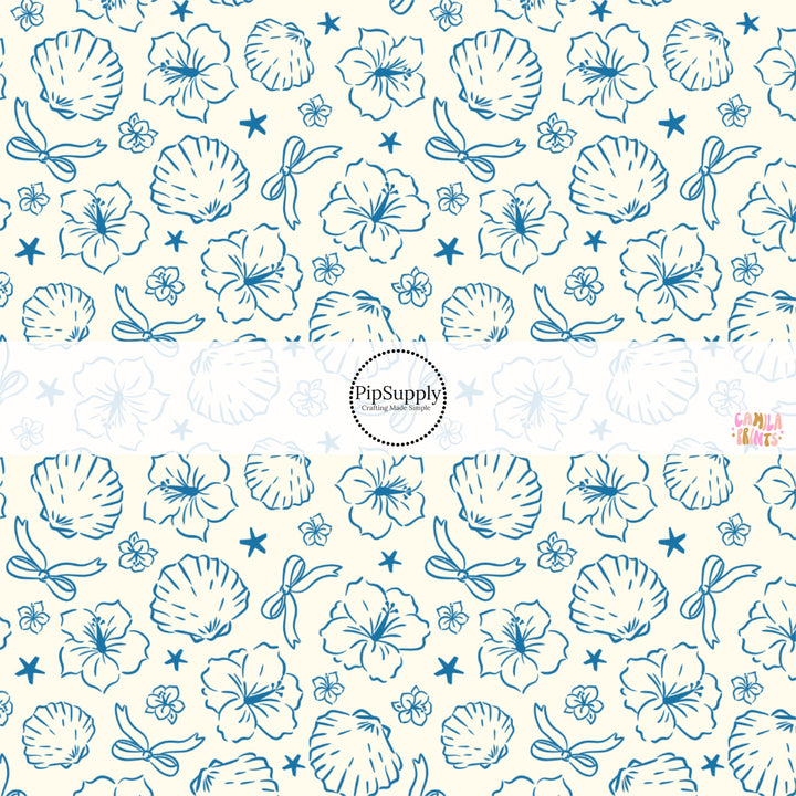 These tropical themed fabric by the yard features tropical flowers and shells. This fun pattern fabric can be used for all your sewing and crafting needs!