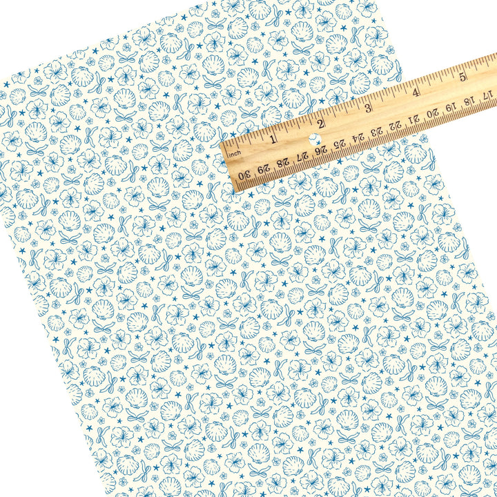 These tropical themed faux leather sheets contain the following design elements: tropical flowers and shells. Our CPSIA compliant faux leather sheets or rolls can be used for all types of crafting projects.