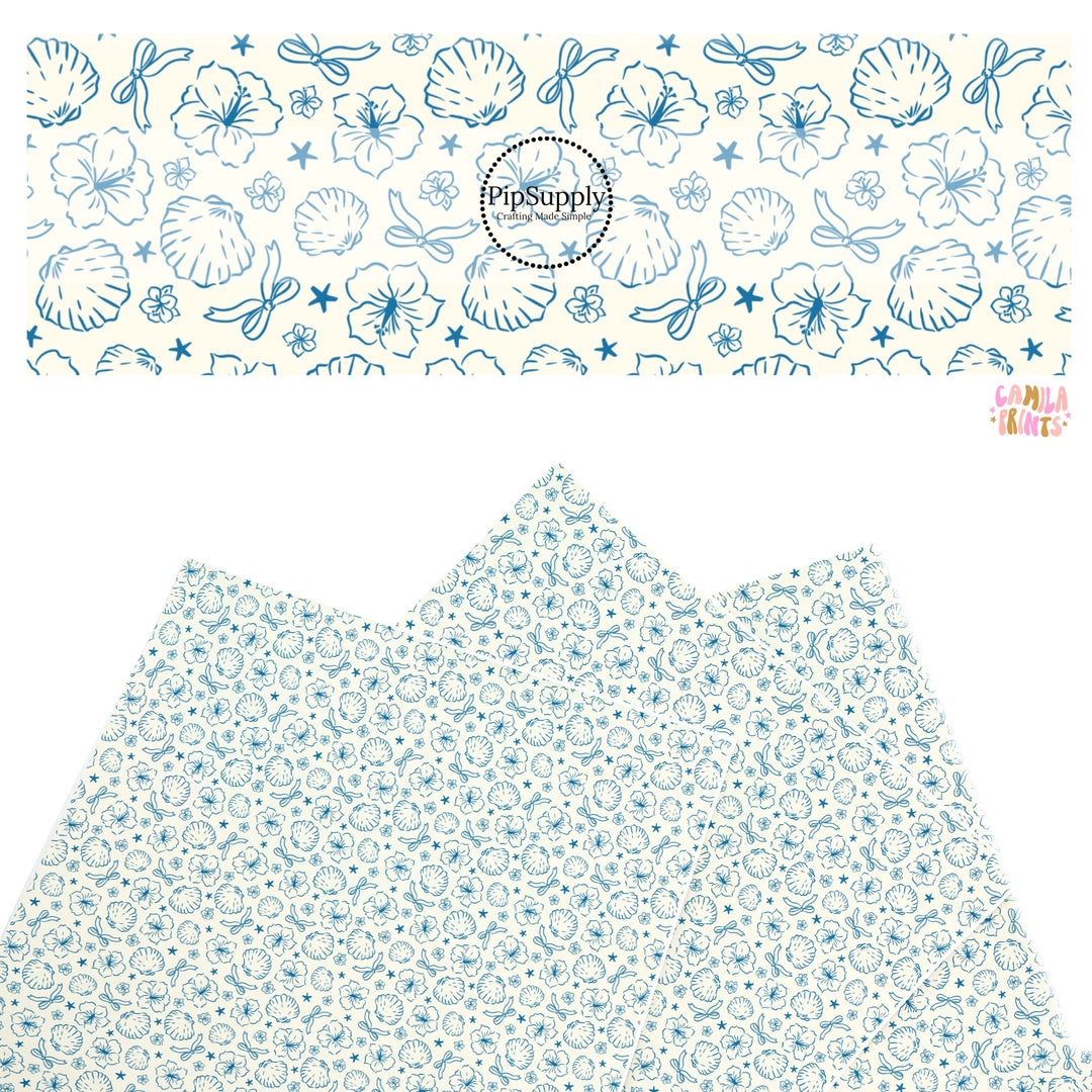 These tropical themed faux leather sheets contain the following design elements: tropical flowers and shells. Our CPSIA compliant faux leather sheets or rolls can be used for all types of crafting projects.