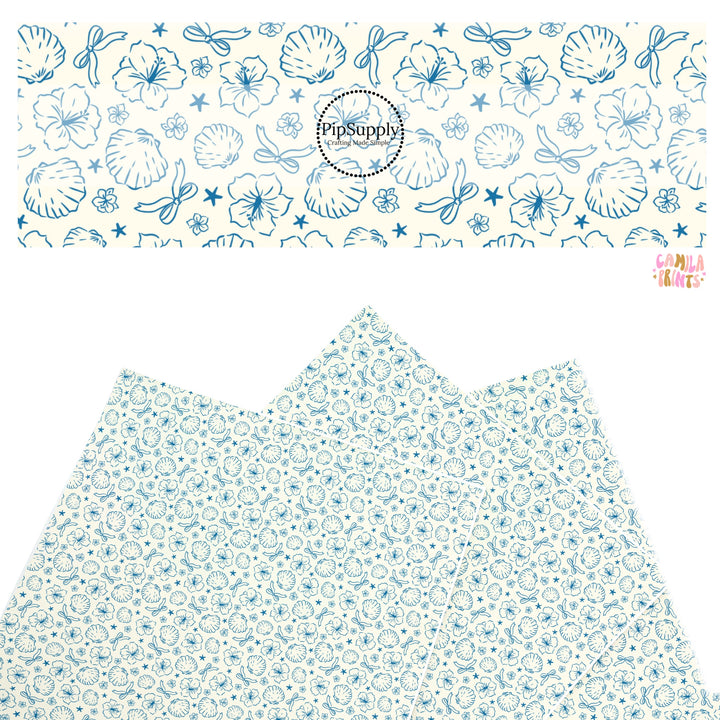 These tropical themed faux leather sheets contain the following design elements: tropical flowers and shells. Our CPSIA compliant faux leather sheets or rolls can be used for all types of crafting projects.