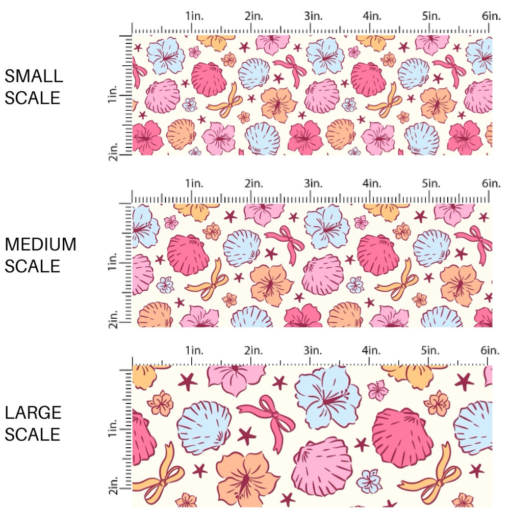 These tropical themed fabric by the yard features tropical flowers and shells. This fun pattern fabric can be used for all your sewing and crafting needs!
