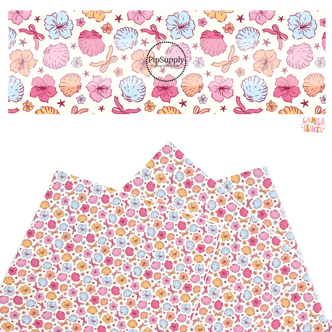 These tropical themed faux leather sheets contain the following design elements: tropical flowers and shells. Our CPSIA compliant faux leather sheets or rolls can be used for all types of crafting projects.