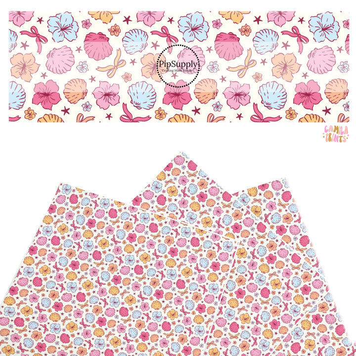 These tropical themed faux leather sheets contain the following design elements: tropical flowers and shells. Our CPSIA compliant faux leather sheets or rolls can be used for all types of crafting projects.