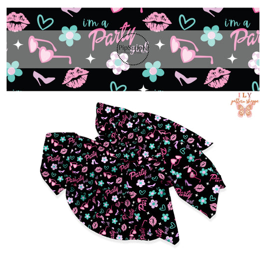 Checkered flowers, sunglasses, hearts, lips, shoes, and sayings on black bow strips