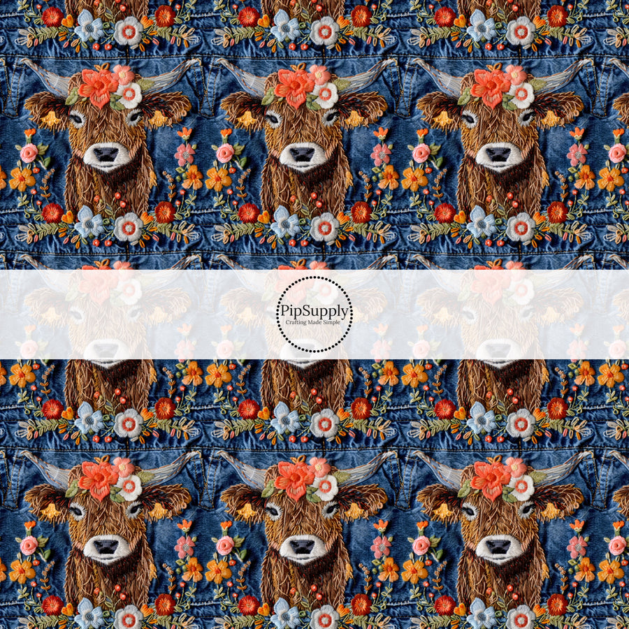 These spring fabric by the yard features embroidered highland cows and flowers on denim pattern. This fun pattern fabric can be used for all your sewing and crafting needs!