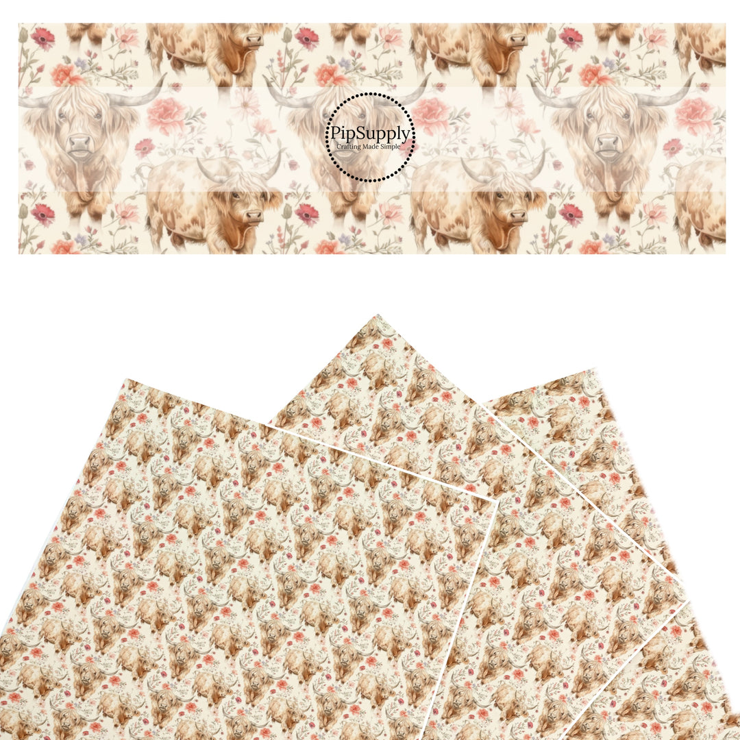 These western themed faux leather sheets contain the following design elements: highland cows and flowers. Our CPSIA compliant faux leather sheets or rolls can be used for all types of crafting projects.