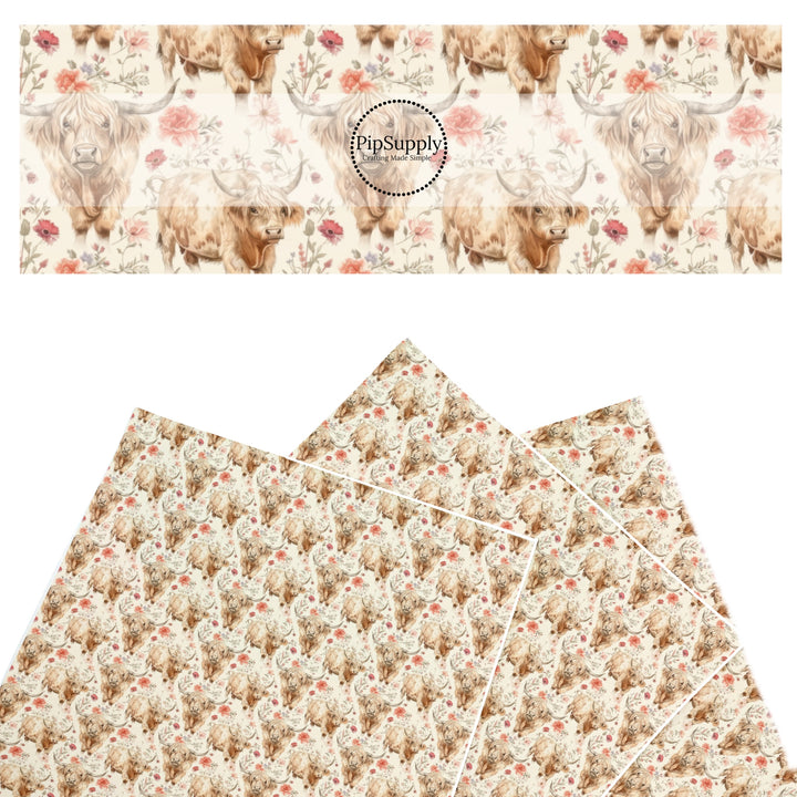 These western themed faux leather sheets contain the following design elements: highland cows and flowers. Our CPSIA compliant faux leather sheets or rolls can be used for all types of crafting projects.