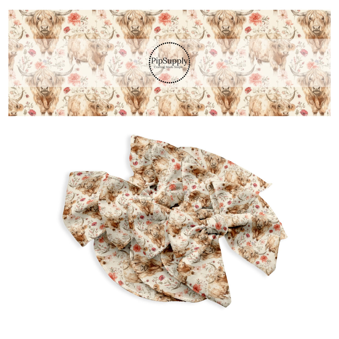 These western no sew bow strips can be easily tied and attached to a clip for a finished hair bow. These bow strips are great for personal use or to sell. These bow strips feature the following design elements: highland cows and flowers.