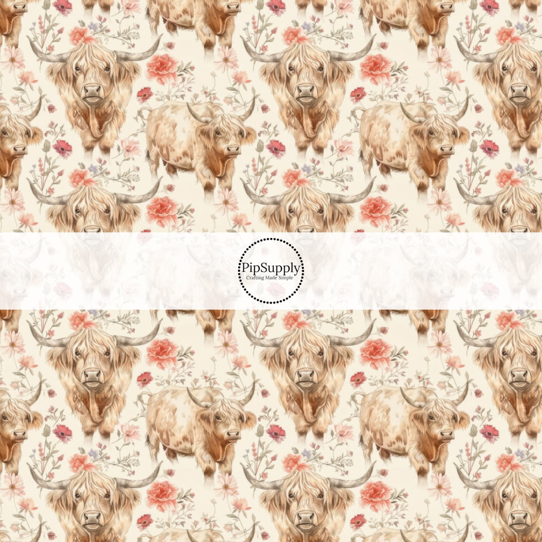 These western no sew bow strips can be easily tied and attached to a clip for a finished hair bow. These bow strips are great for personal use or to sell. These bow strips feature the following design elements: highland cows and flowers.